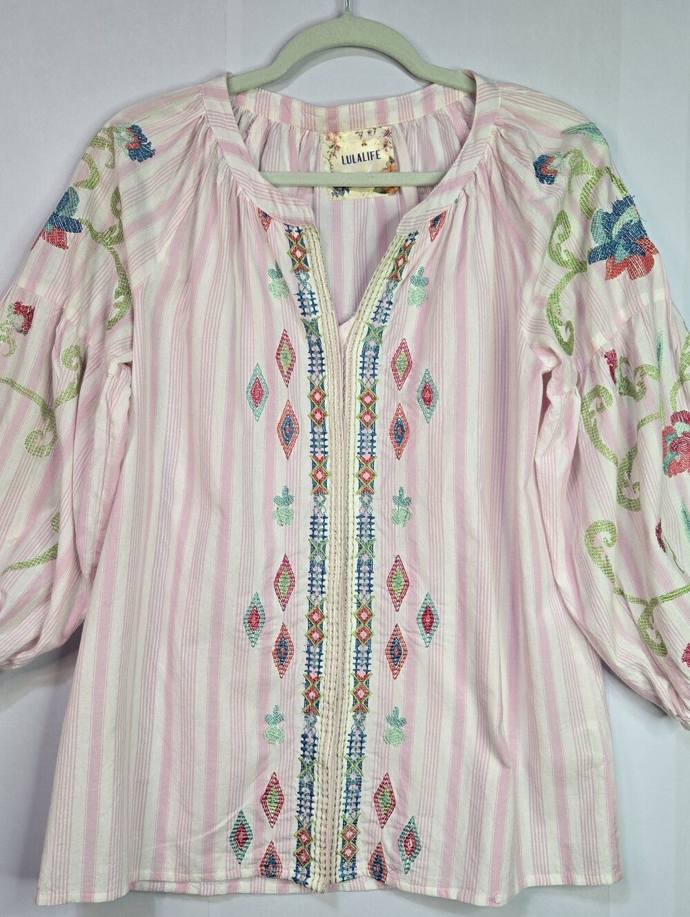 LulaLife (Australia) Size S Pink Embroidered Stripe Peasant Top